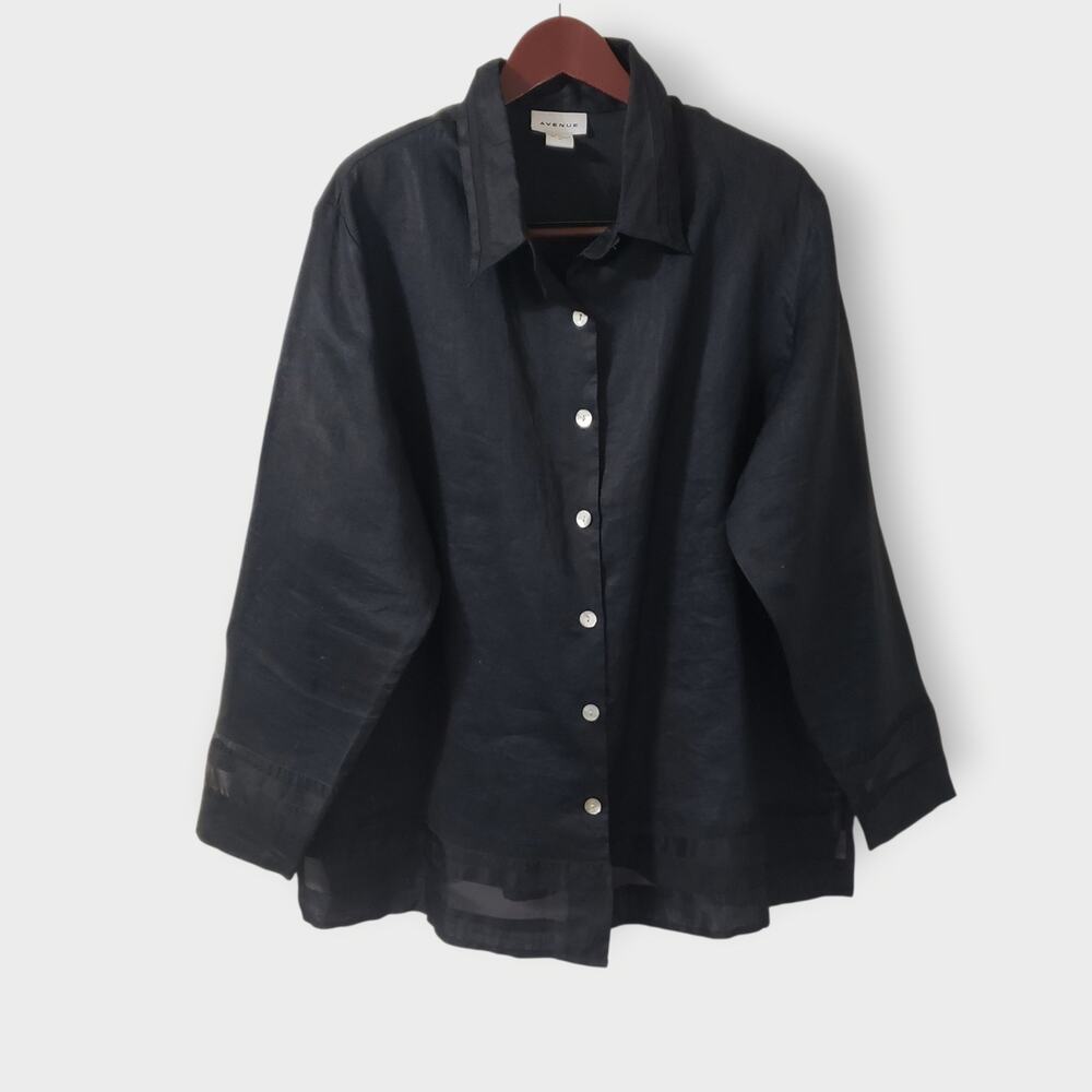 Avenue Womens Sz 18 Top Black Ramie Mesh Button Up Blouse Gothic Lagenlook Artsy